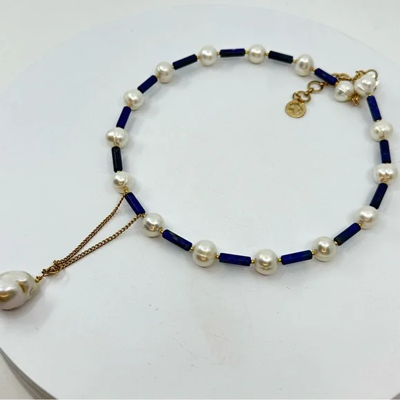 C106 New Handmade Natural Freshwater Pearl and Lapis Lazuli Choker - Picture 6 of 14